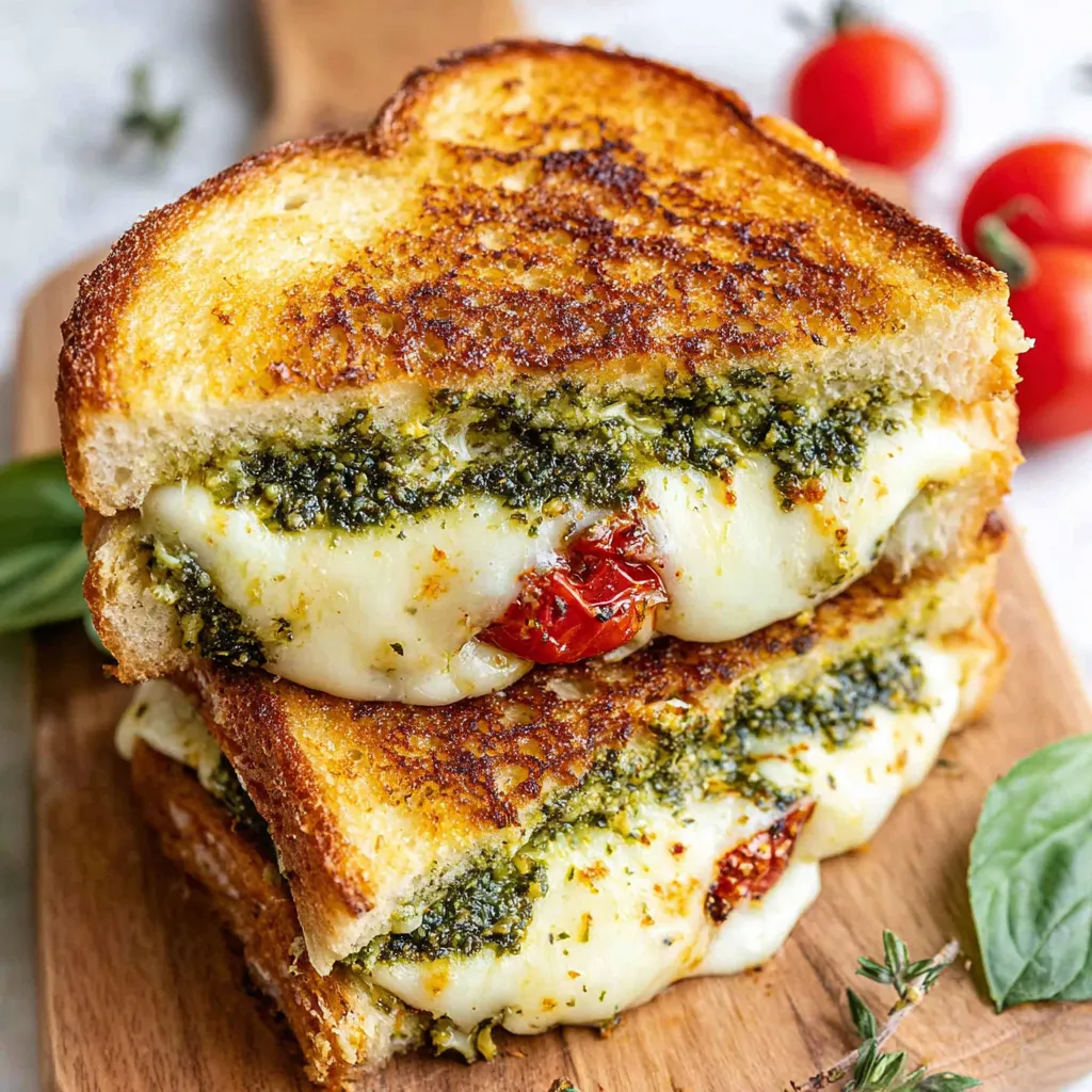 A cheesy sourdough pesto grilled cheese sandwich.