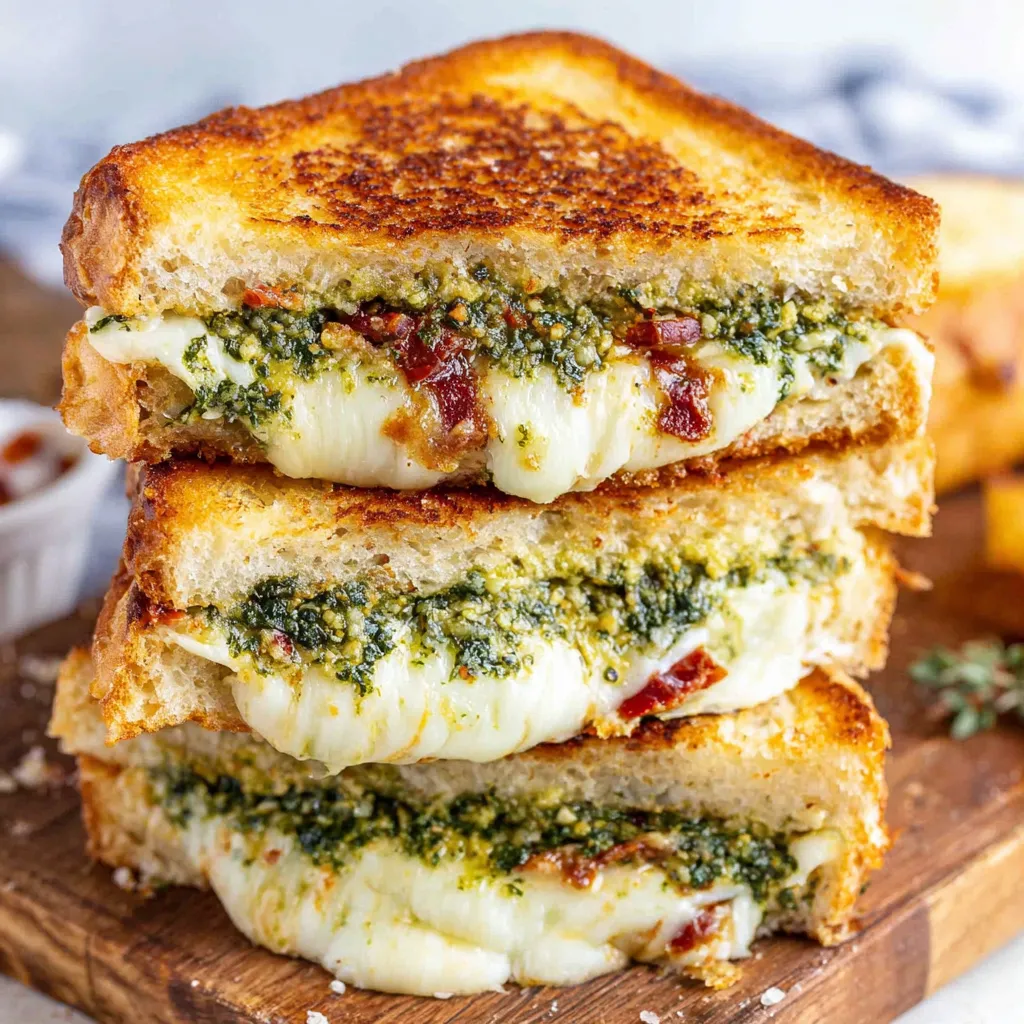 A grilled cheese sandwich with pesto and cheese.
