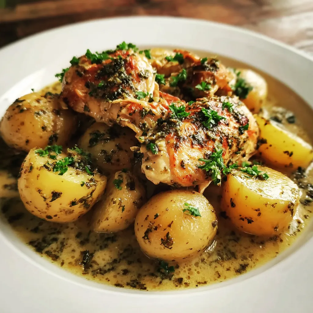 A plate of food with chicken and potatoes.