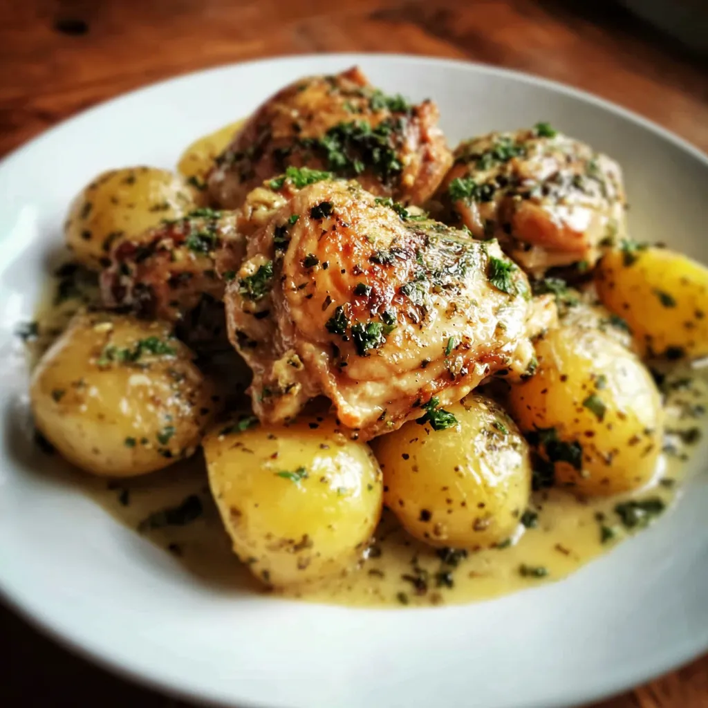 A plate of chicken and potatoes with garlic and Parmesan.