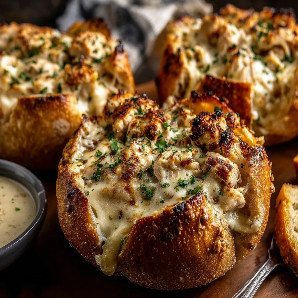 Garlic bread bowls filled with creamy chicken alfredo.