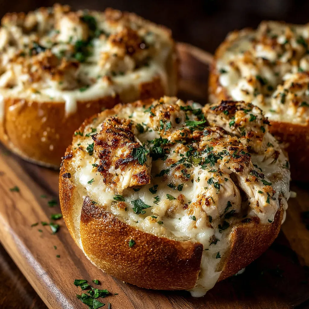 Three garlic bread bowls filled with creamy chicken alfredo.