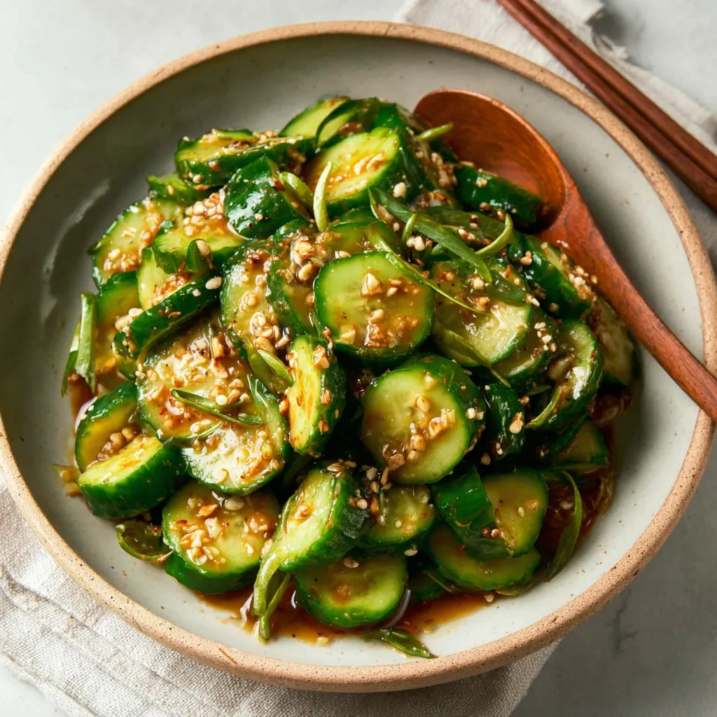 A bowl of Asian-style spicy cucumber salad.
