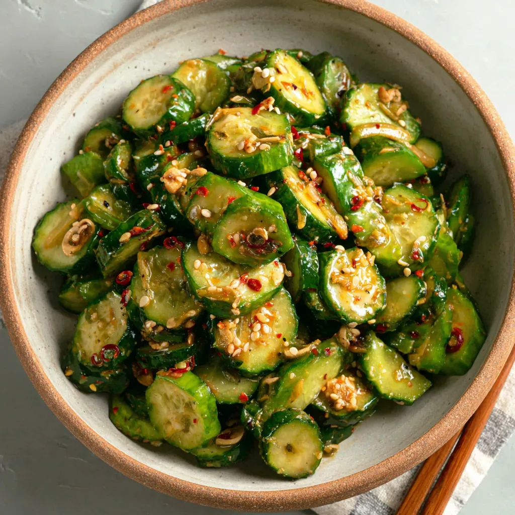 A bowl of cucumber salad with spices.