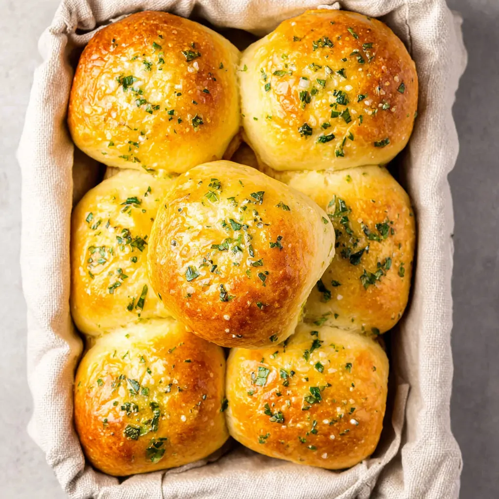 A basket of garlic bread rolls.