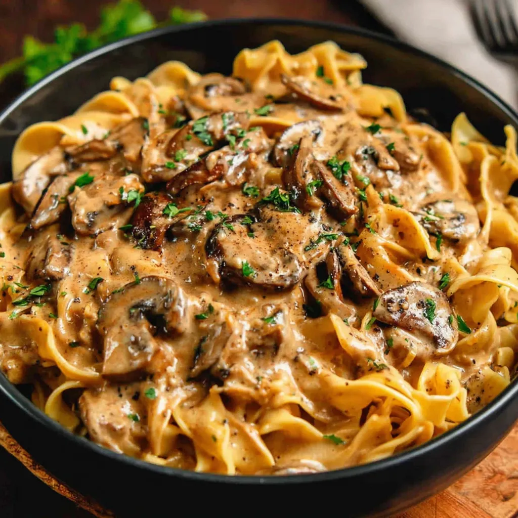 A bowl of creamy mushroom seitan stroganoff.