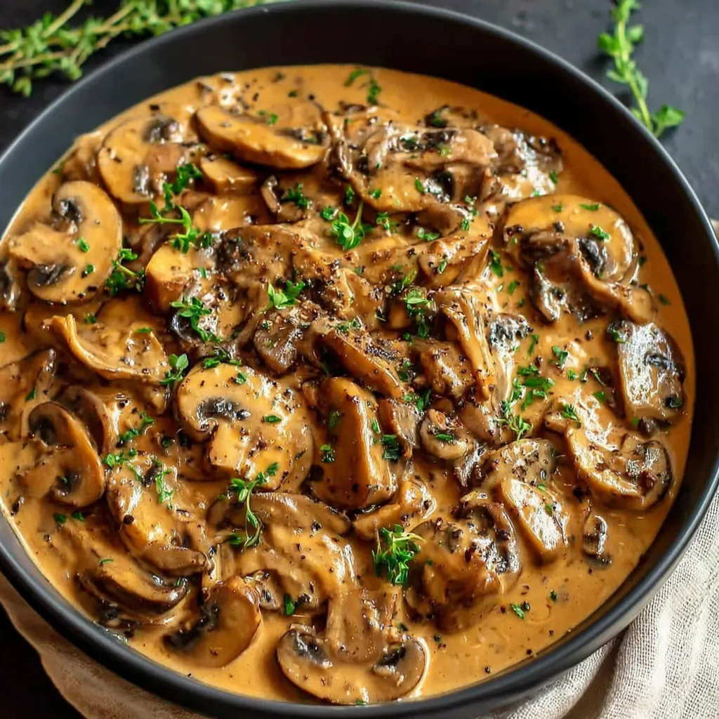 A bowl of mushrooms with a creamy sauce.