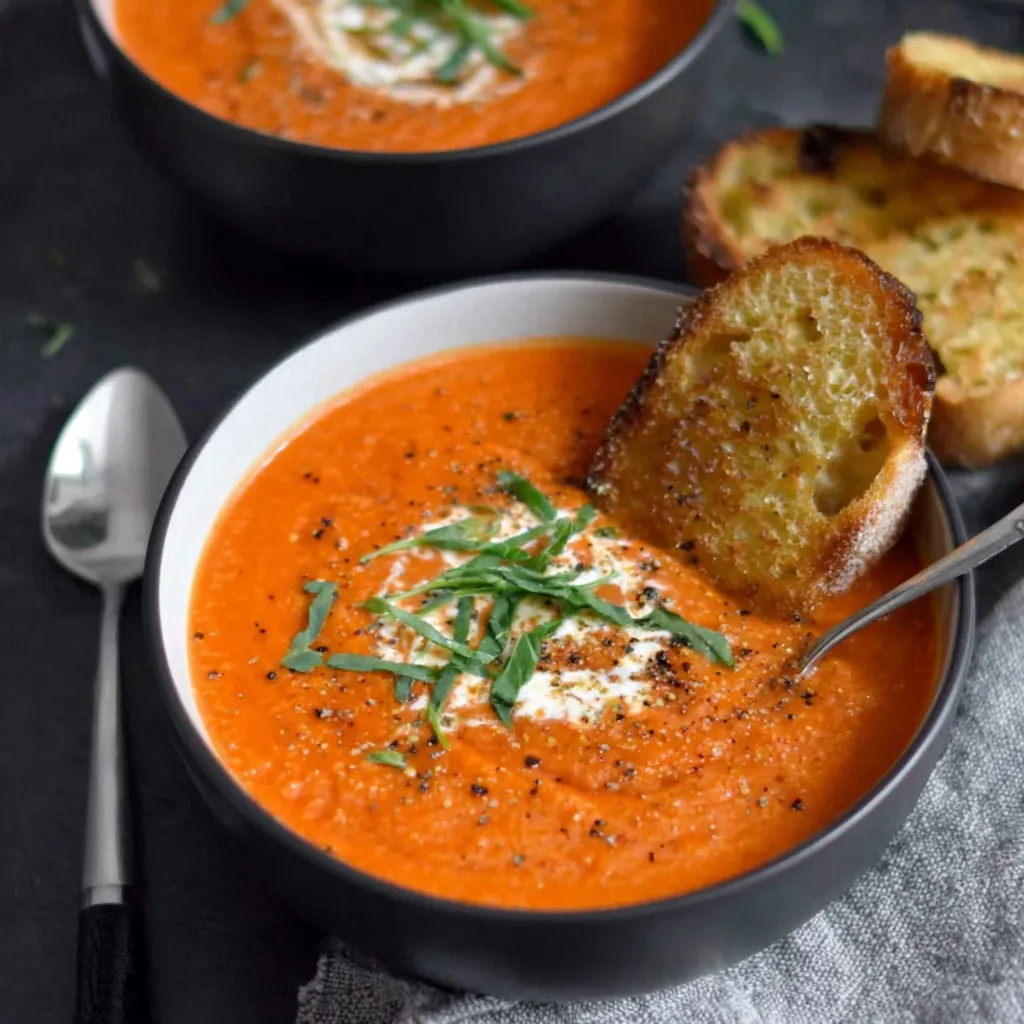 A bowl of creamy tomato soup with a spoon in it.