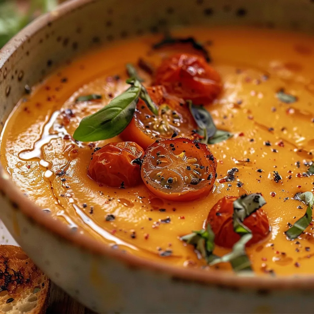 A bowl of soup with tomatoes and basil.
