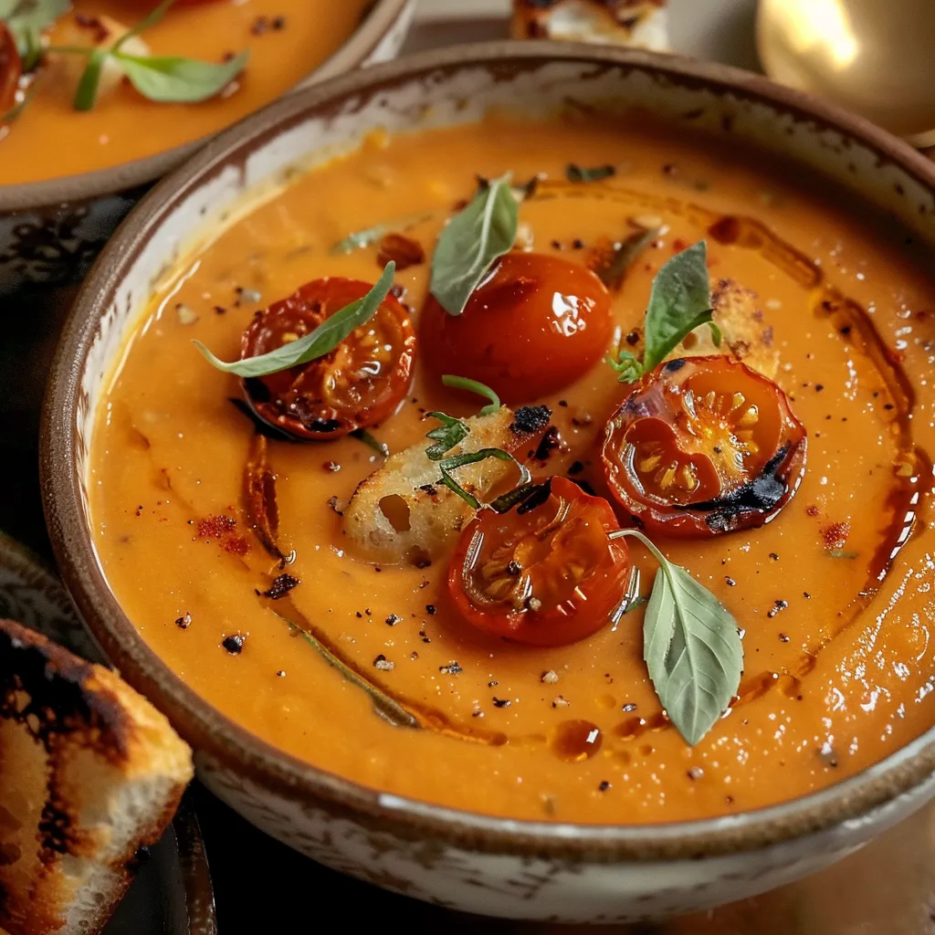 A bowl of soup with tomatoes and garlic.