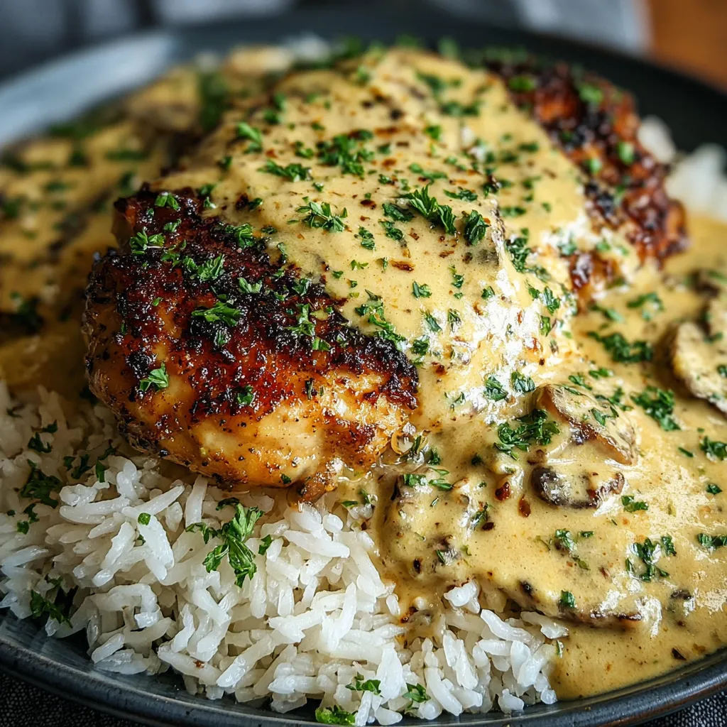 A plate of smothered chicken and rice.