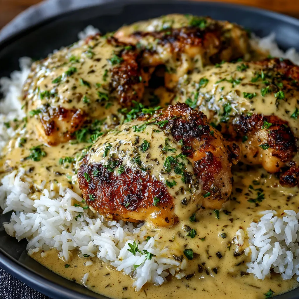 A plate of smothered chicken and rice.