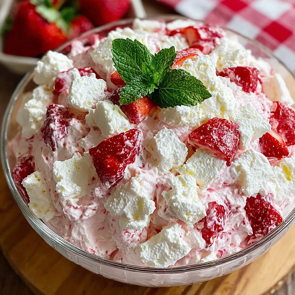 A bowl of strawberry shortcake fluff dessert salad.