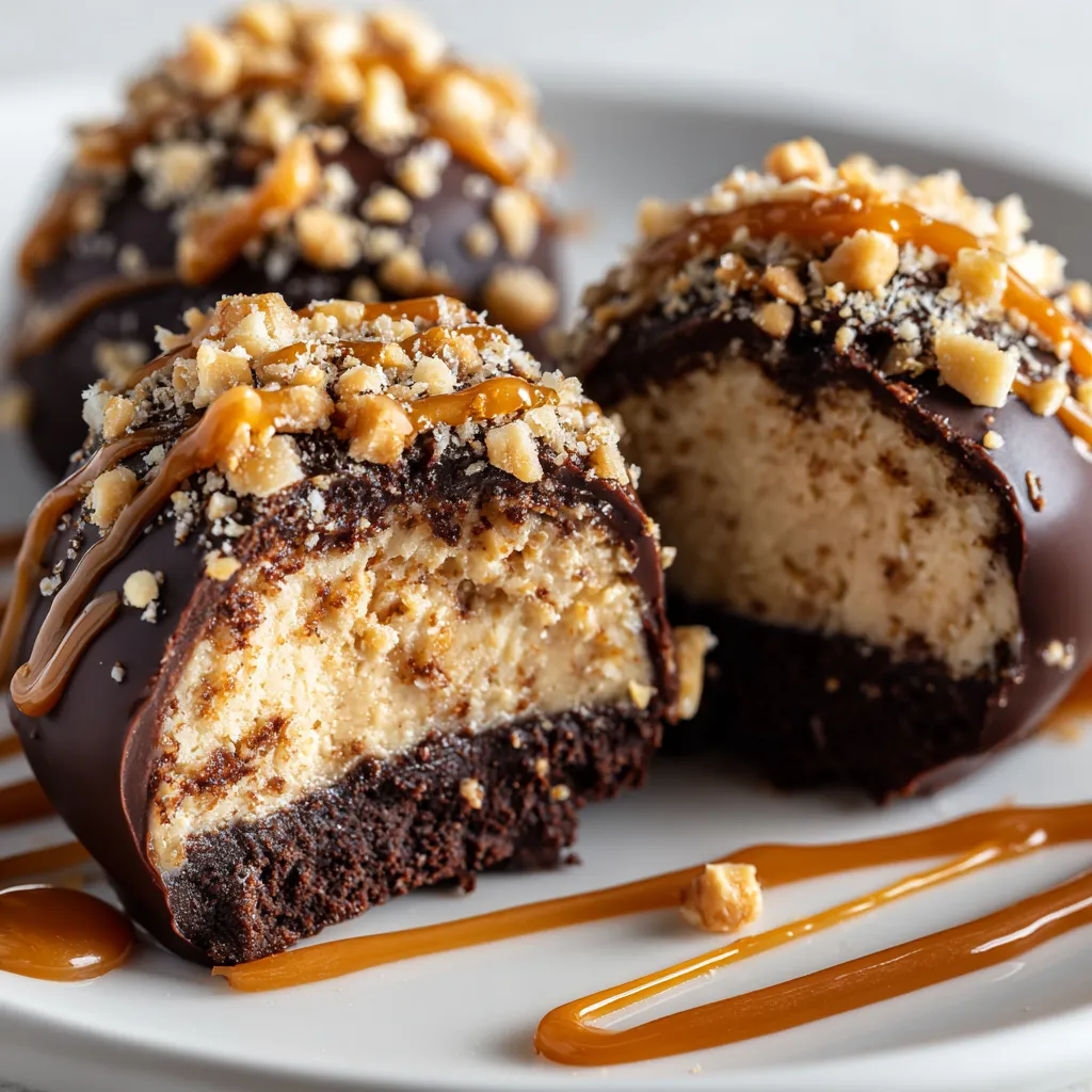 Chocolate-dipped peanut butter cheesecake truffles.