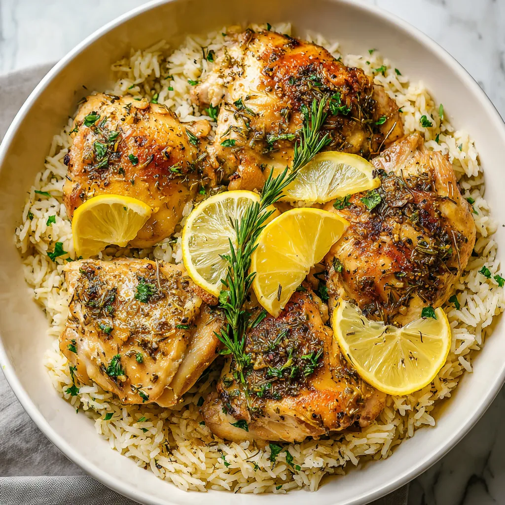 A plate of chicken and rice with lemon and herbs.