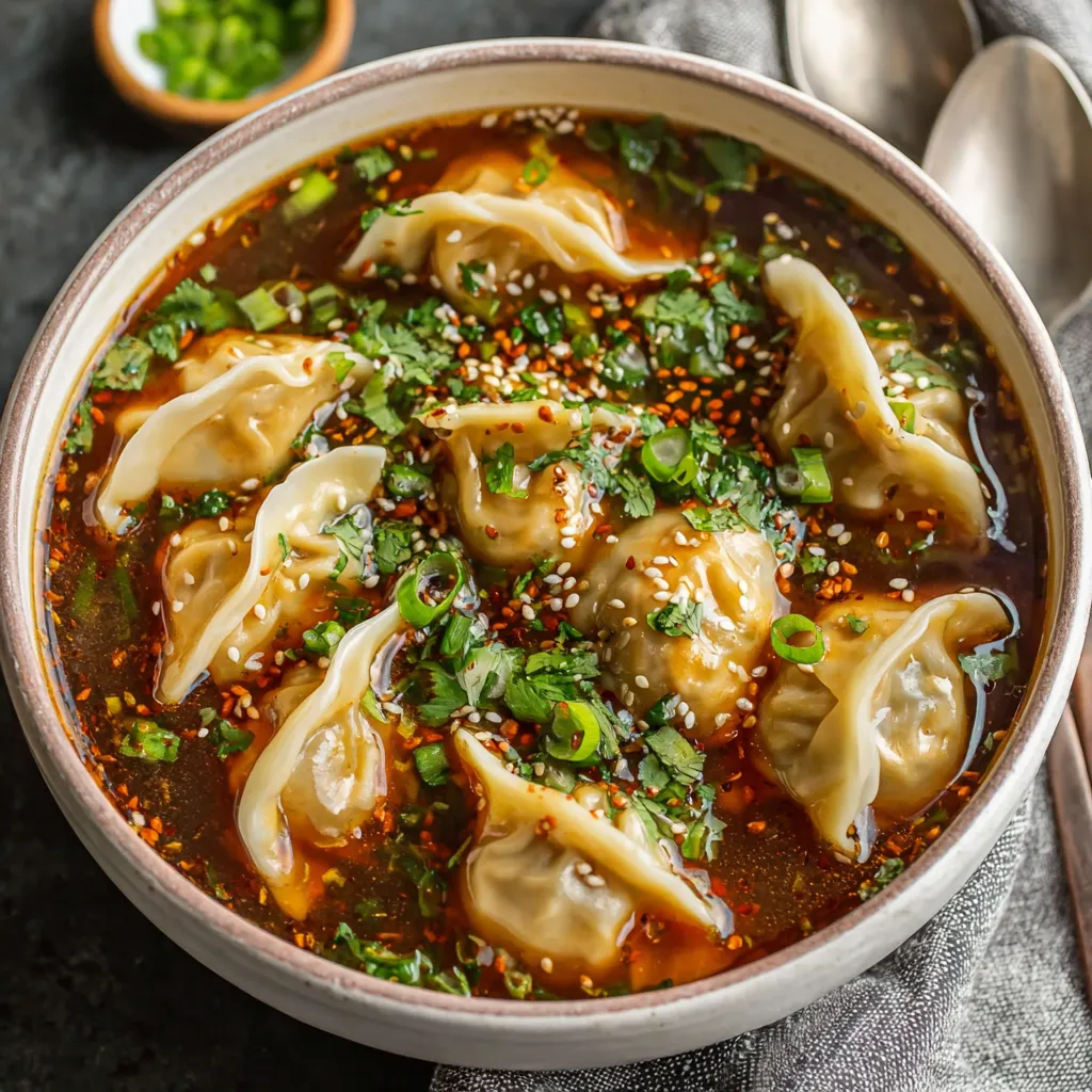 A bowl of soup with dumplings in it.