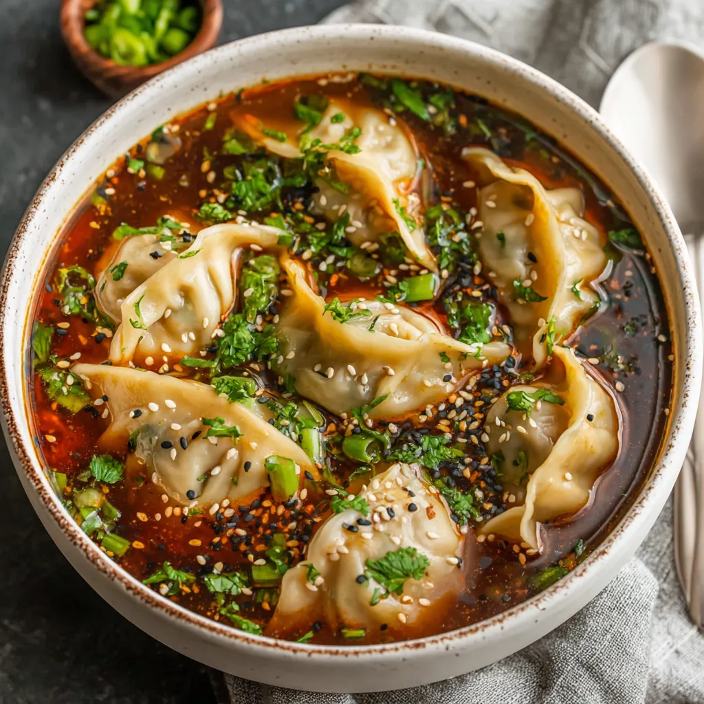 A bowl of soup with dumplings in it.