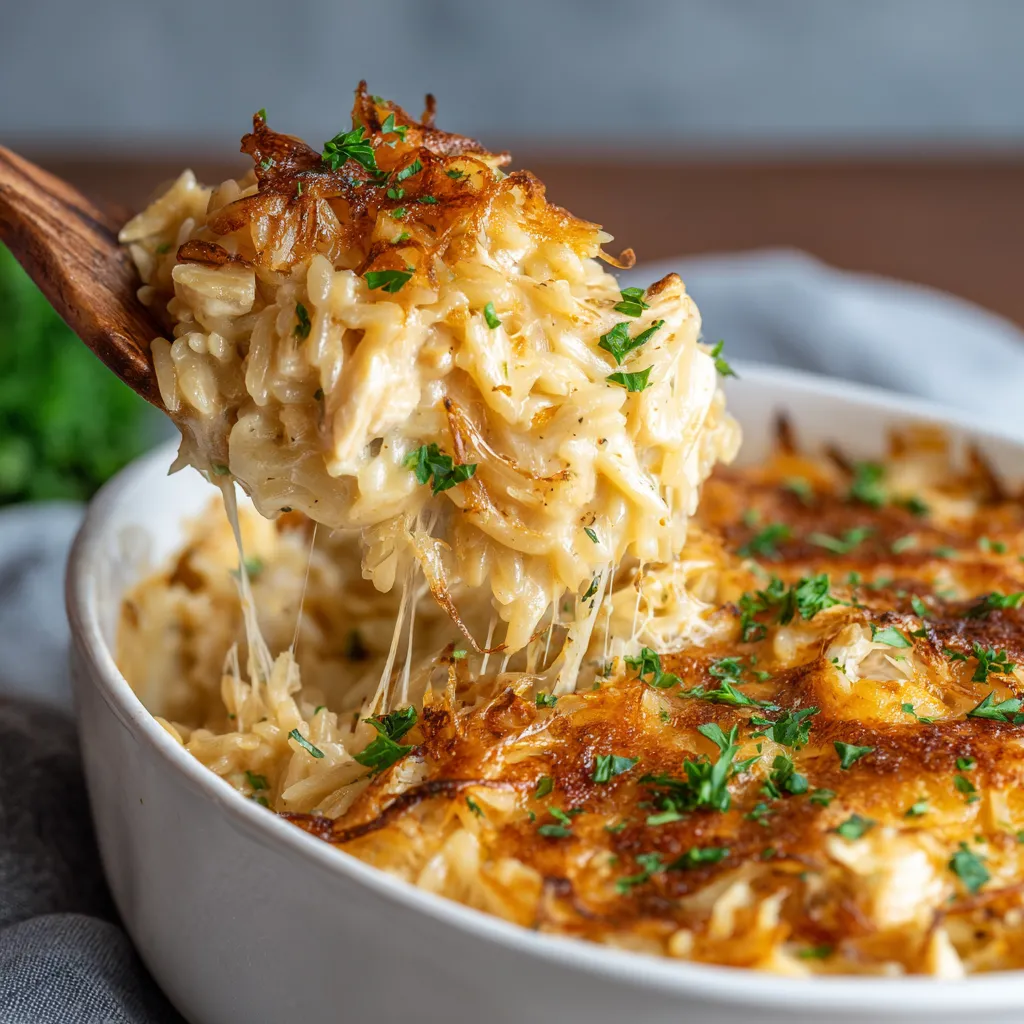 A creamy French onion chicken orzo casserole.