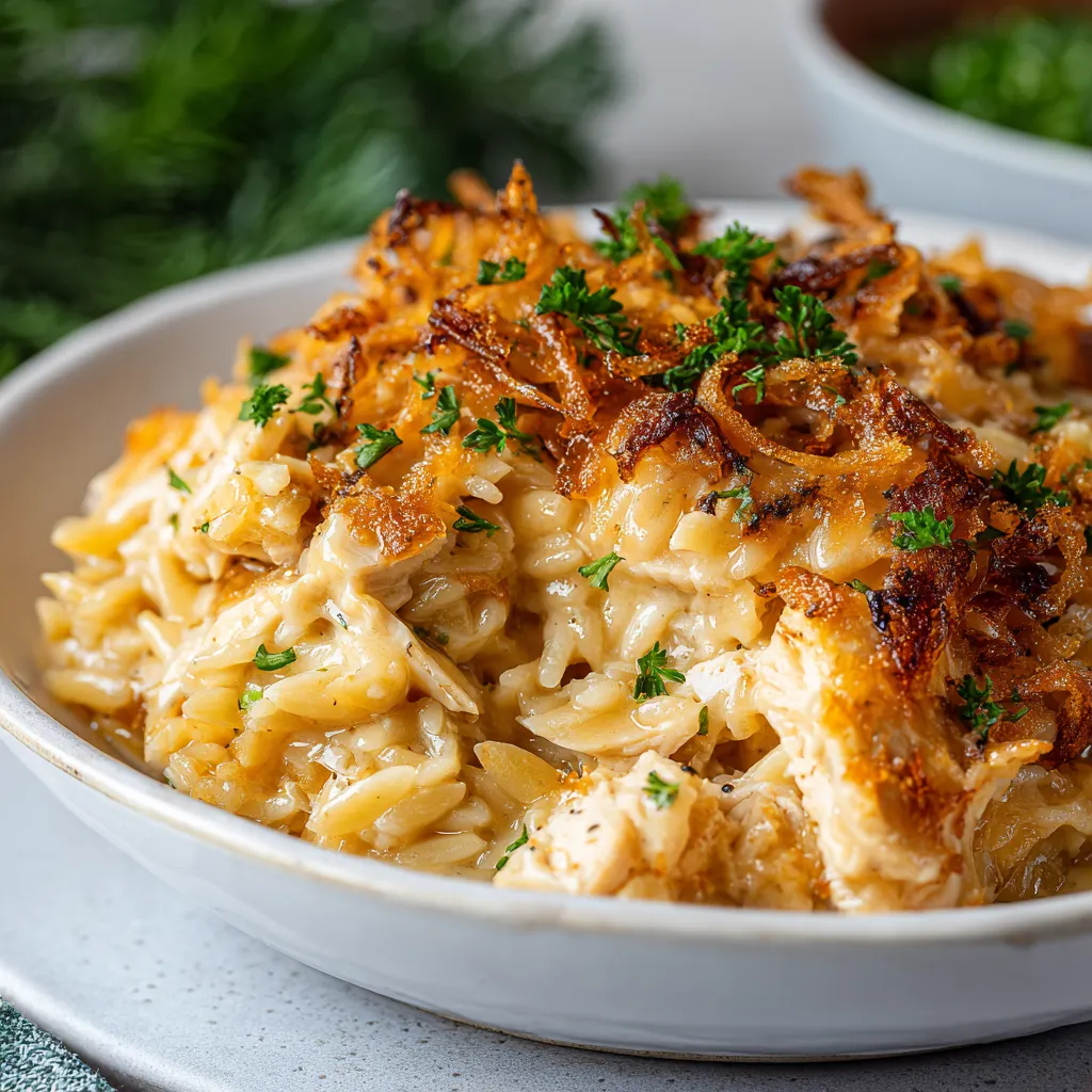 A bowl of creamy French onion chicken orzo casserole.