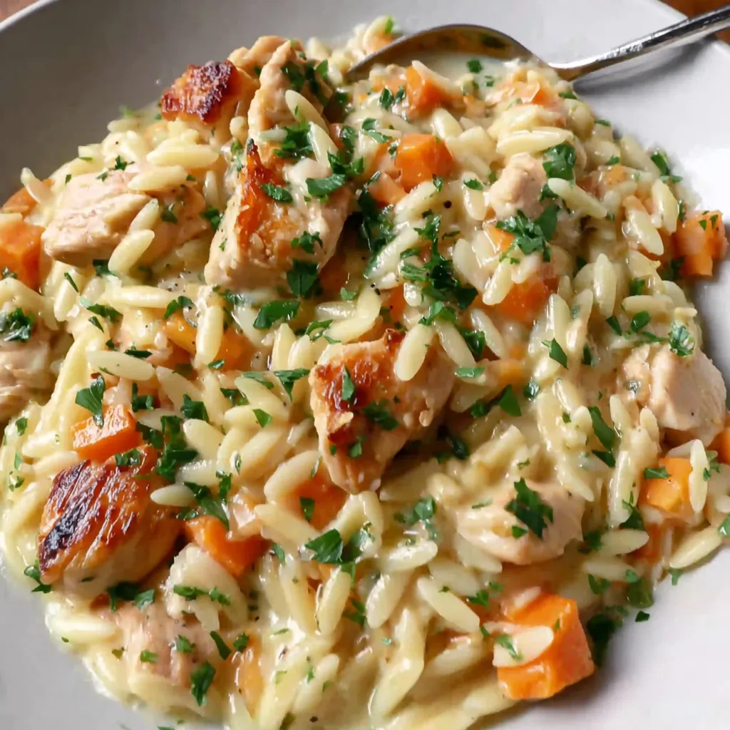 A plate of creamy chicken pot pie orzo.