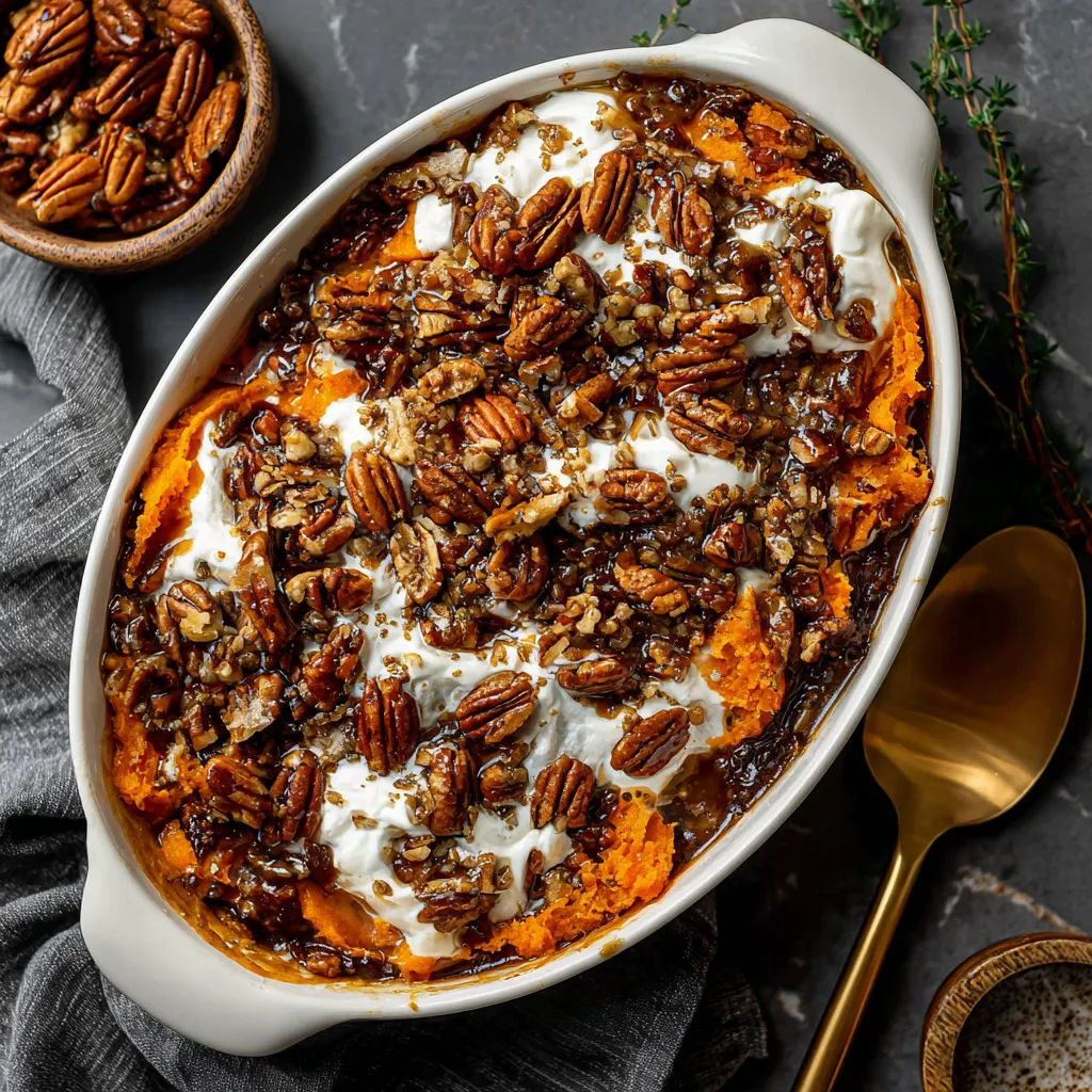 A white bowl filled with a sweet potato casserole.
