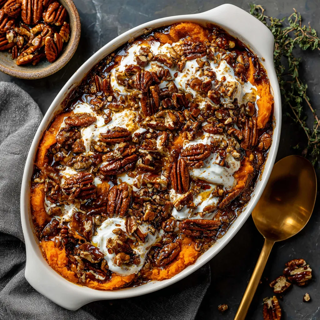 A white bowl filled with a sweet potato casserole.