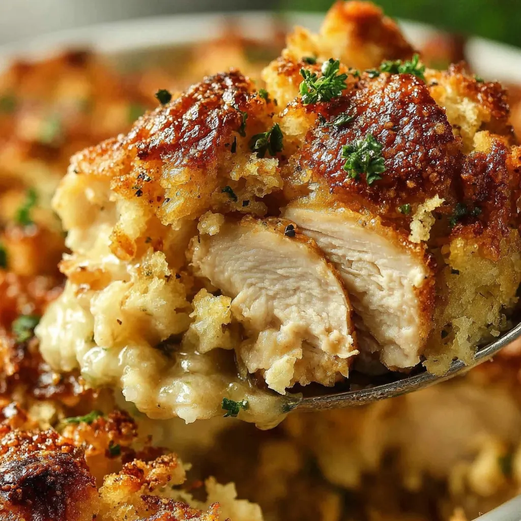 A fork is being used to eat a piece of Dolly's Chicken and Stuffing Casserole.