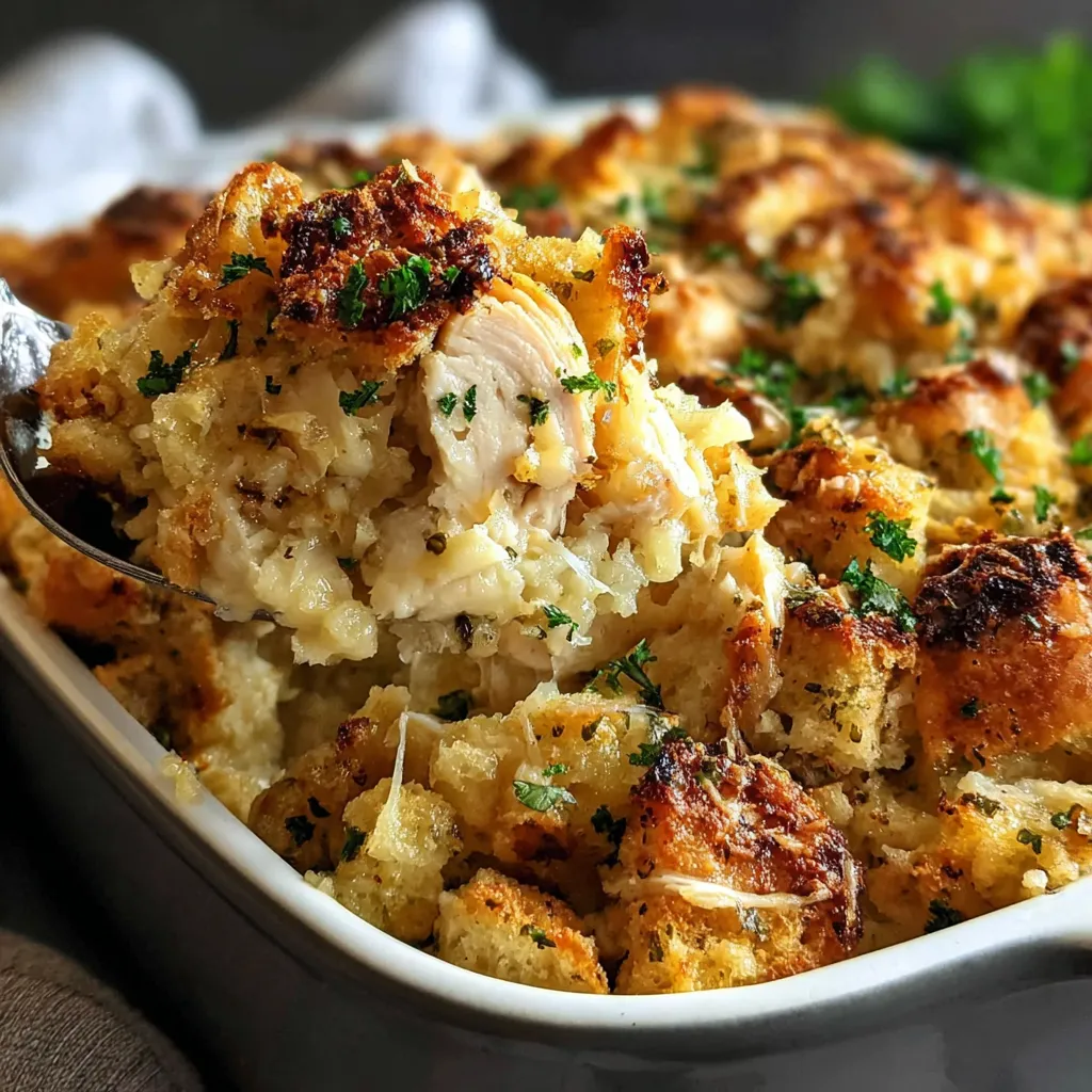 A close up of a casserole dish with chicken and stuffing.