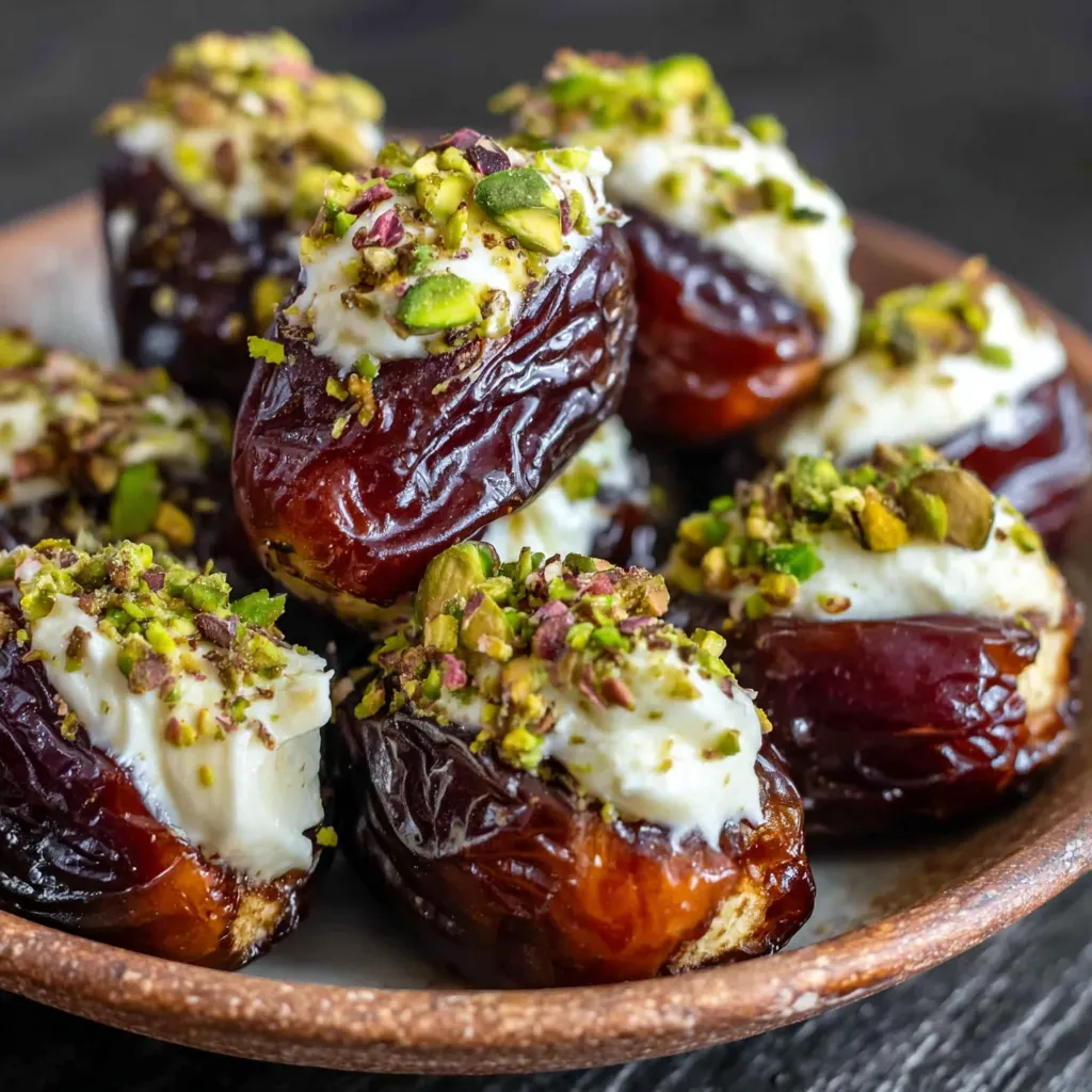 A plate of honey pistachio ricotta stuffed dates.