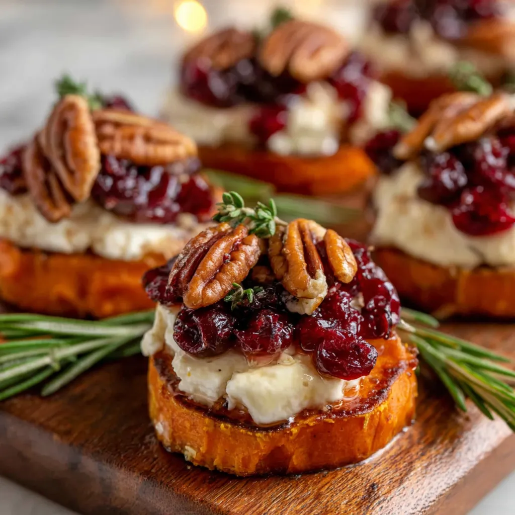 Sweet potato rounds with brie, cranberry and pecans.