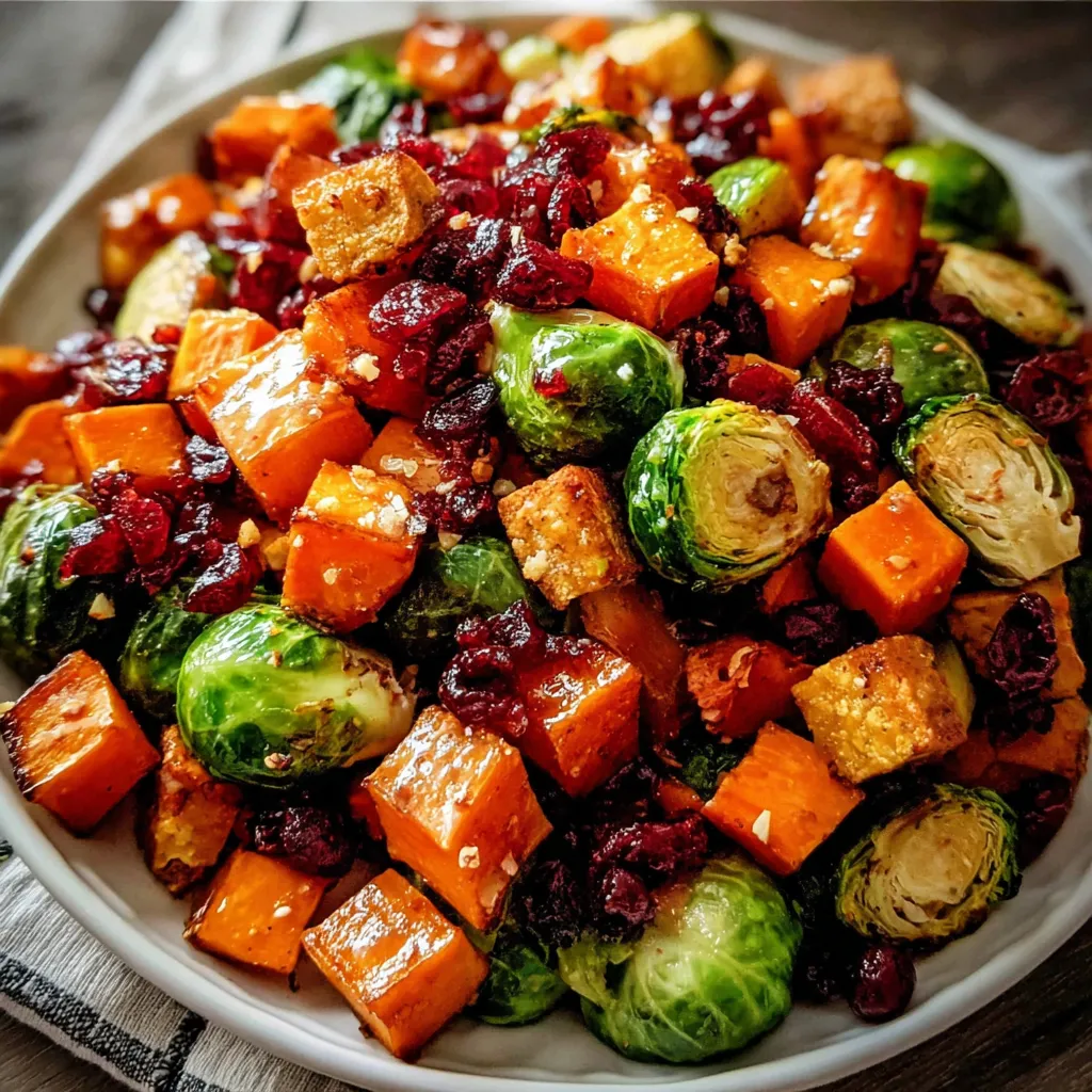 A bowl of vegetables including butternut squash, brussels sprouts, and sweet potatoes.