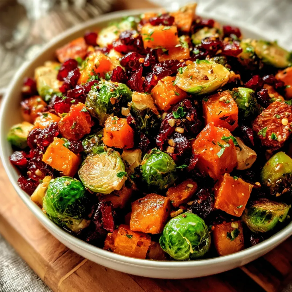 A bowl of food with a variety of vegetables including butternut squash, brussels sprouts, and sweet potato.