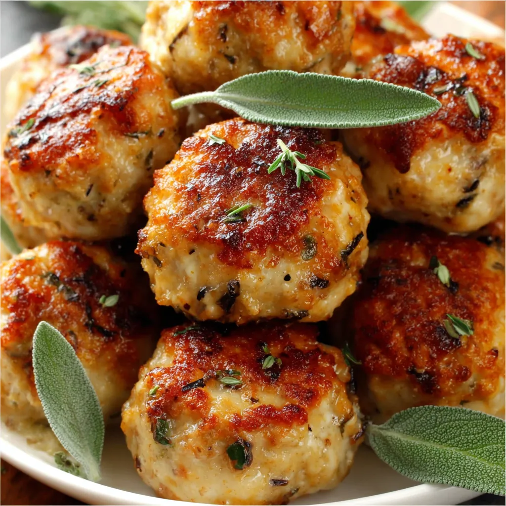 A plate of meatballs with sage leaves on top.