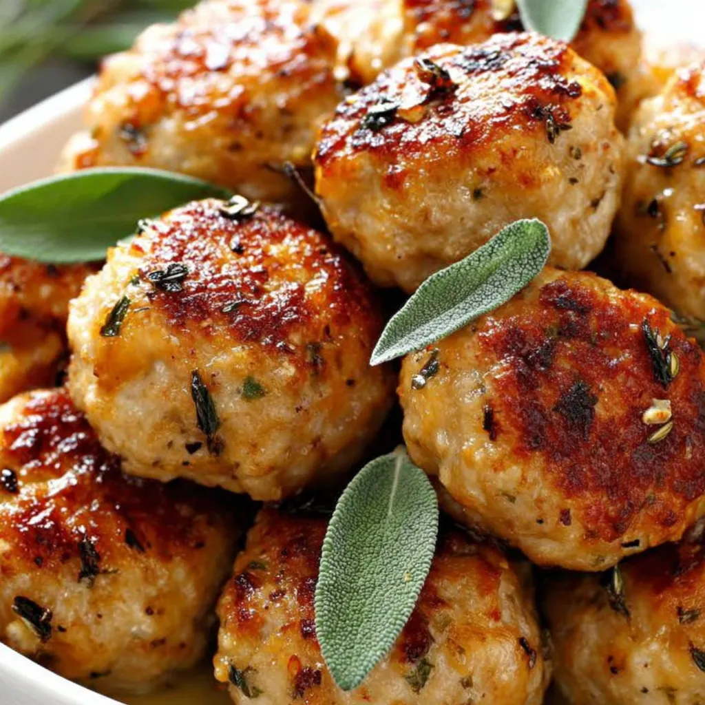 A plate of meatballs with sage and apple.