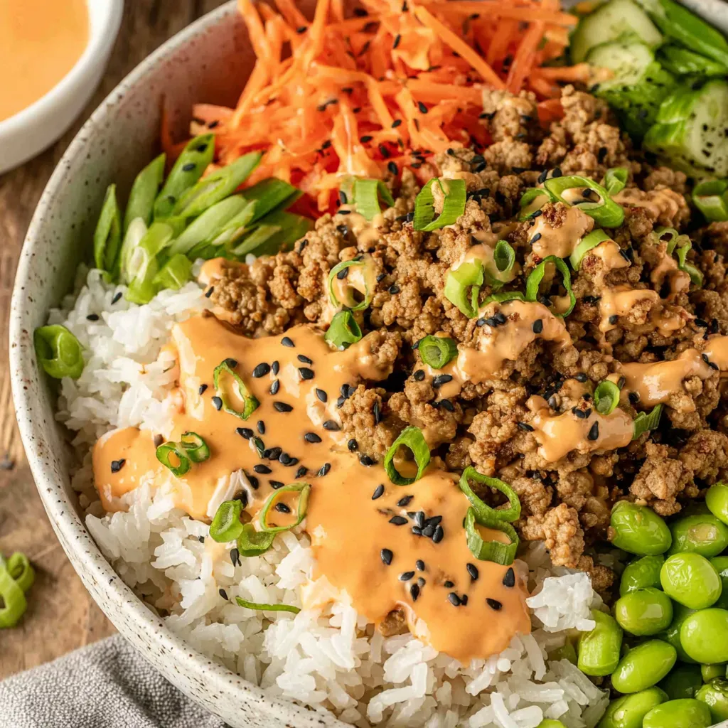 A bowl of ground turkey rice with bang bang sauce.