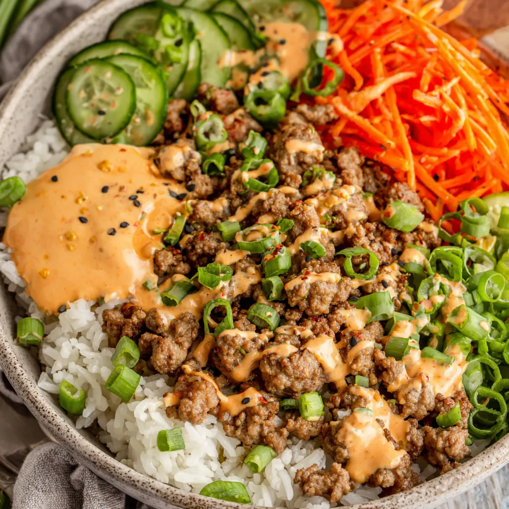 A bowl of ground turkey rice with bang bang sauce.