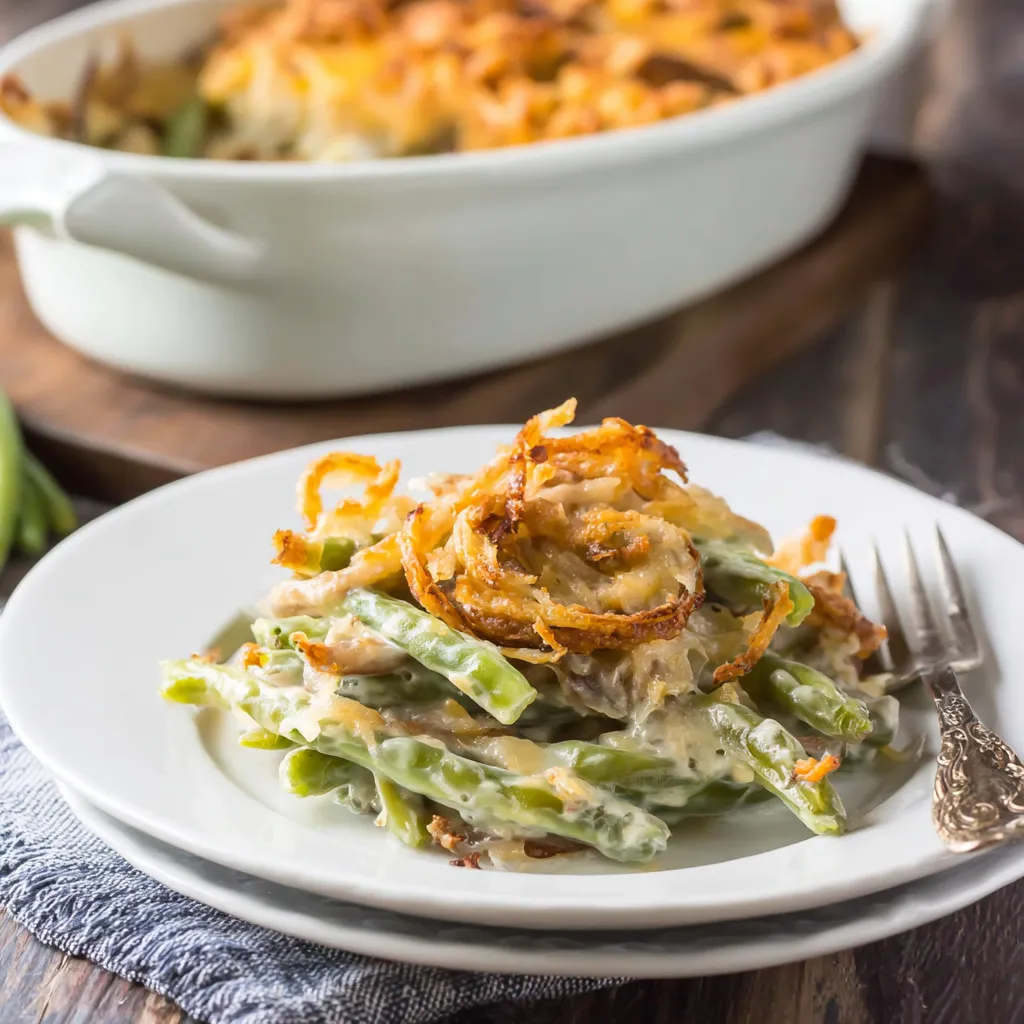 A white plate with a creamy green bean casserole on it.