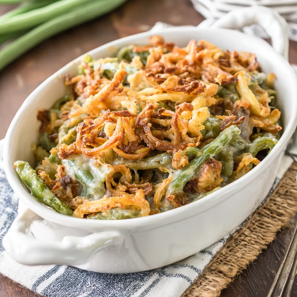 A creamy green bean casserole in a white bowl.