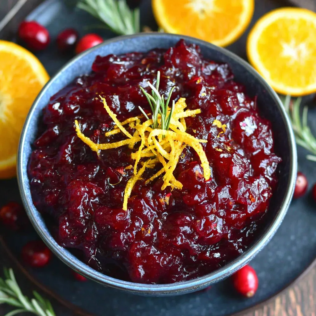 A bowl of homemade cranberry sauce with a slice of orange on top.