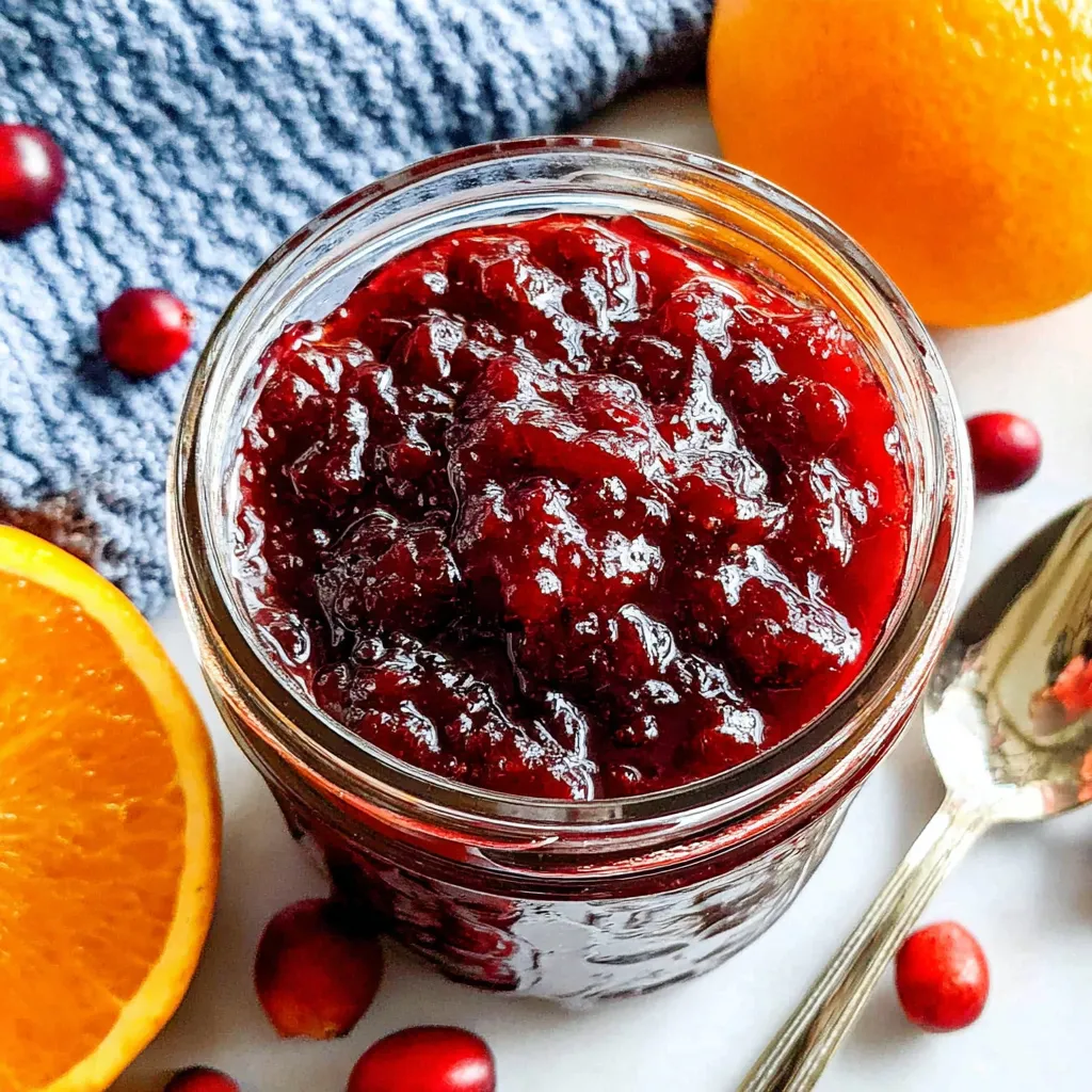 A jar of cranberry sauce with a spoon in it.
