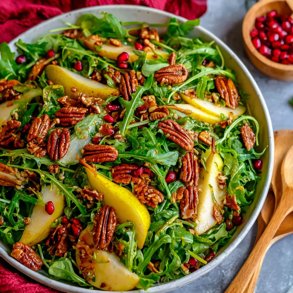 A bowl of salad with arugula, pears, and pecans.