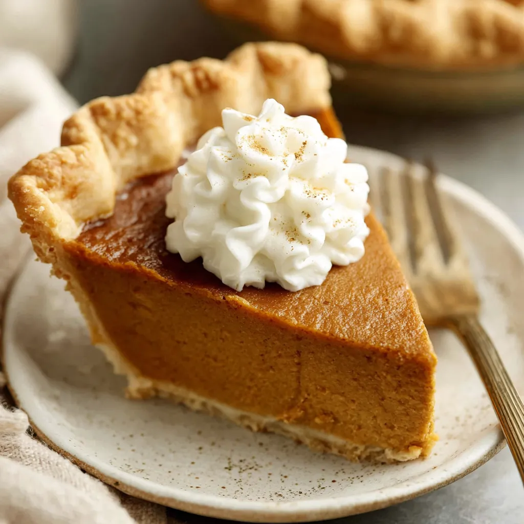 A slice of bourbon pumpkin pie with whipped cream on top.