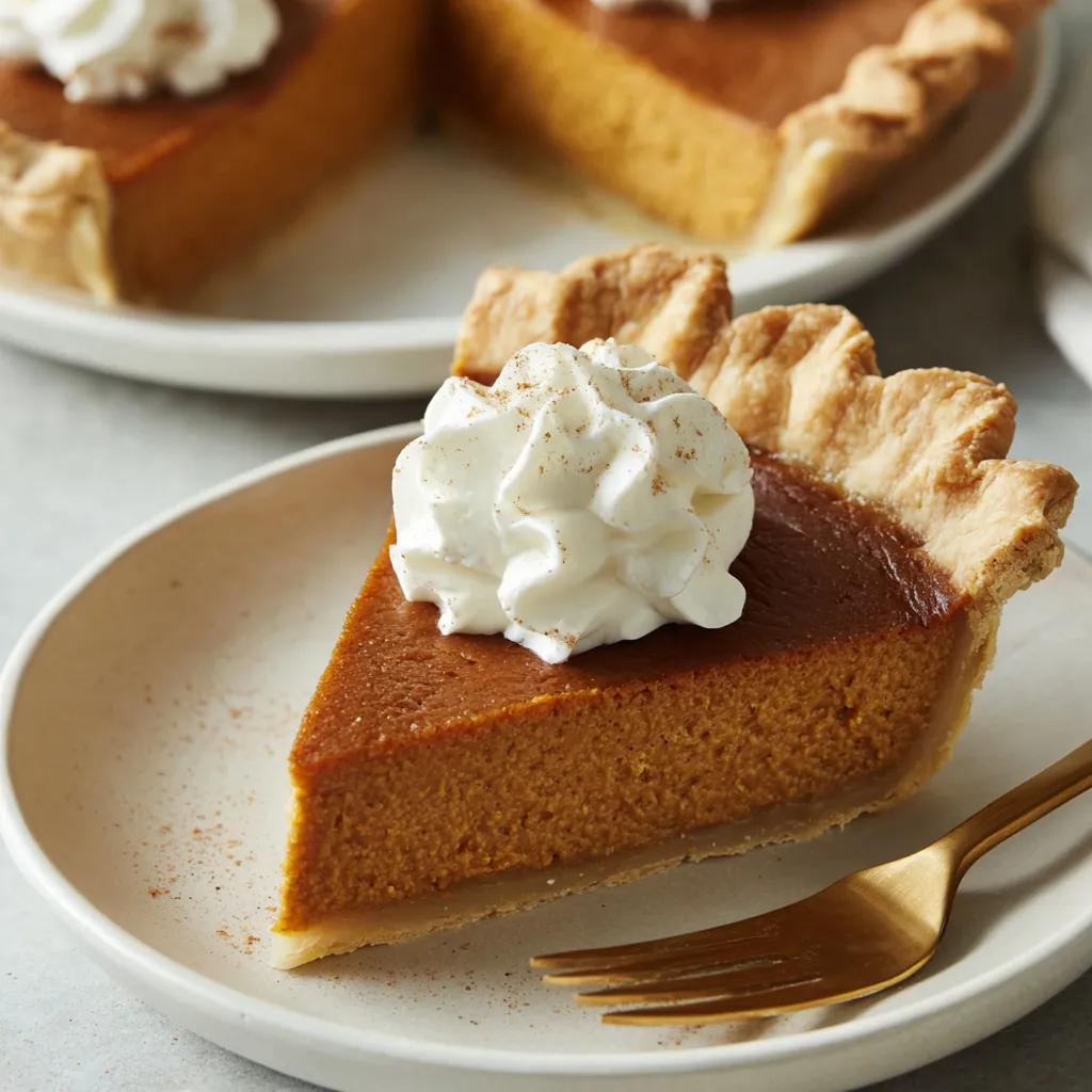 A slice of bourbon pumpkin pie with whipped cream on top.