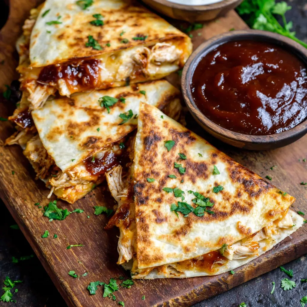 A plate of BBQ chicken quesadillas with a side of dipping sauce.