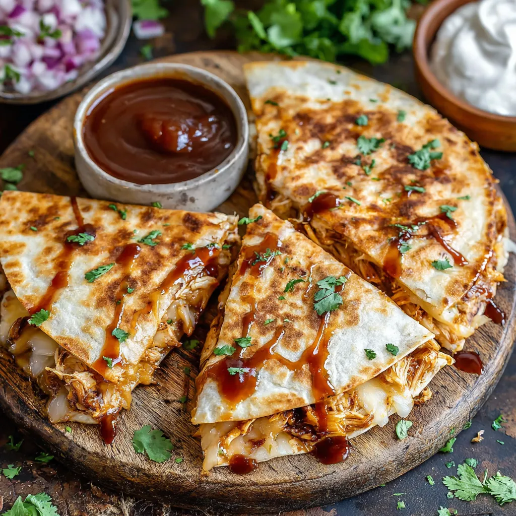 A plate of BBQ chicken quesadillas with sauce.