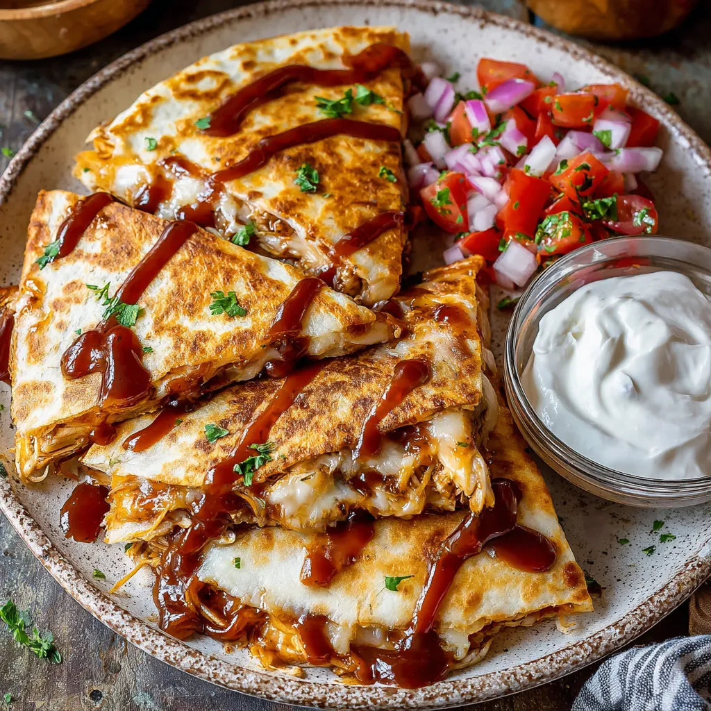 A plate of BBQ chicken quesadillas with a side of tomatoes and sour cream.