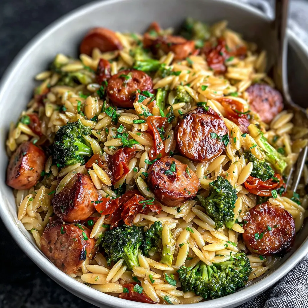 A bowl of food with sausage, broccoli, and orzo.