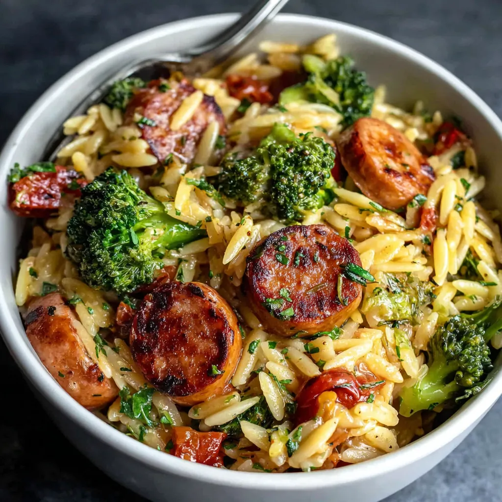 A bowl of food containing chicken, sausage, and broccoli.