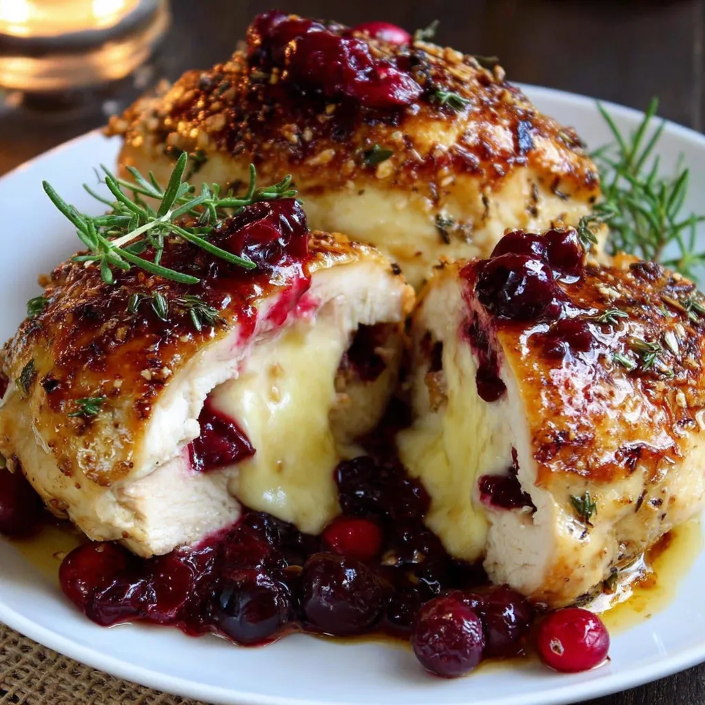 A plate of chicken with cranberries and cheese.
