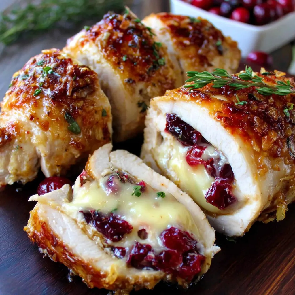 A plate of chicken with cranberry sauce and cheese.